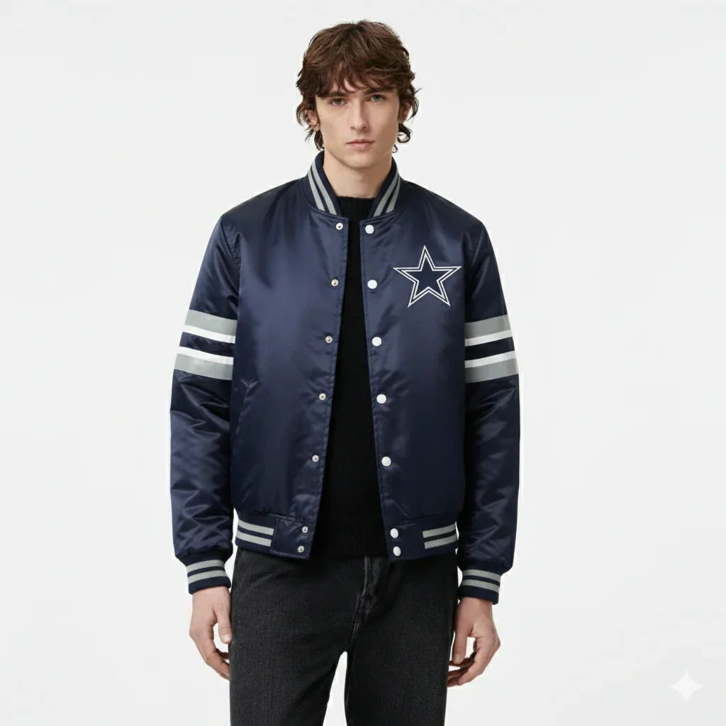 Navy blue varsity jacket with star emblem and striped sleeves