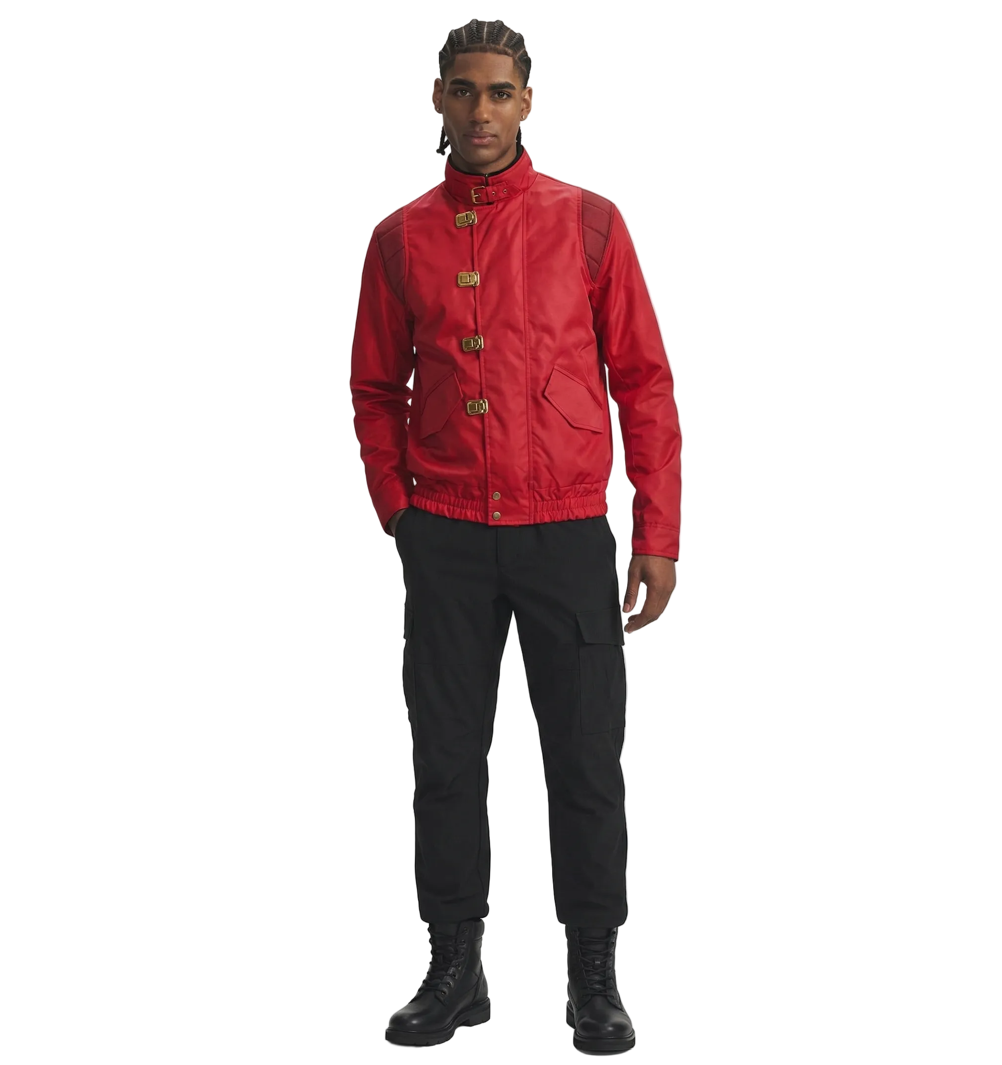 Men's red bomber jacket with gold buckles, black cargo pants, and combat boots
