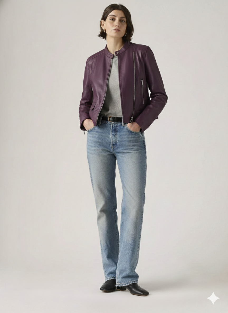 Woman wearing purple leather moto jacket with gray top, blue jeans, and black boots