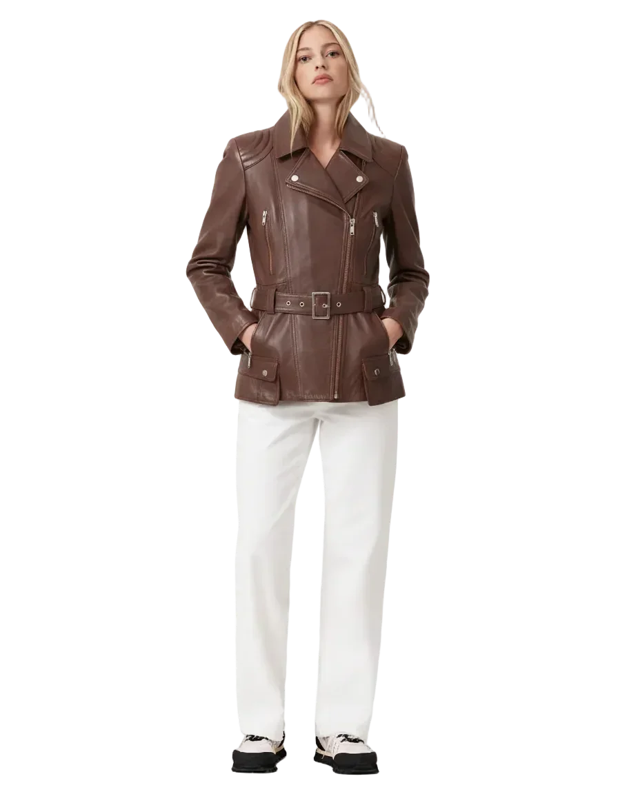Brown leather moto jacket with belt, white pants, and sneakers for women's fashion