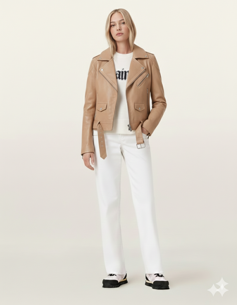 Tan leather moto jacket with belt, styled with white jeans and sneakers for casual chic look