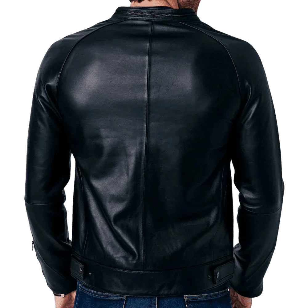 Black leather jacket back view, sleek design with zipper collar and side pockets, worn with jeans