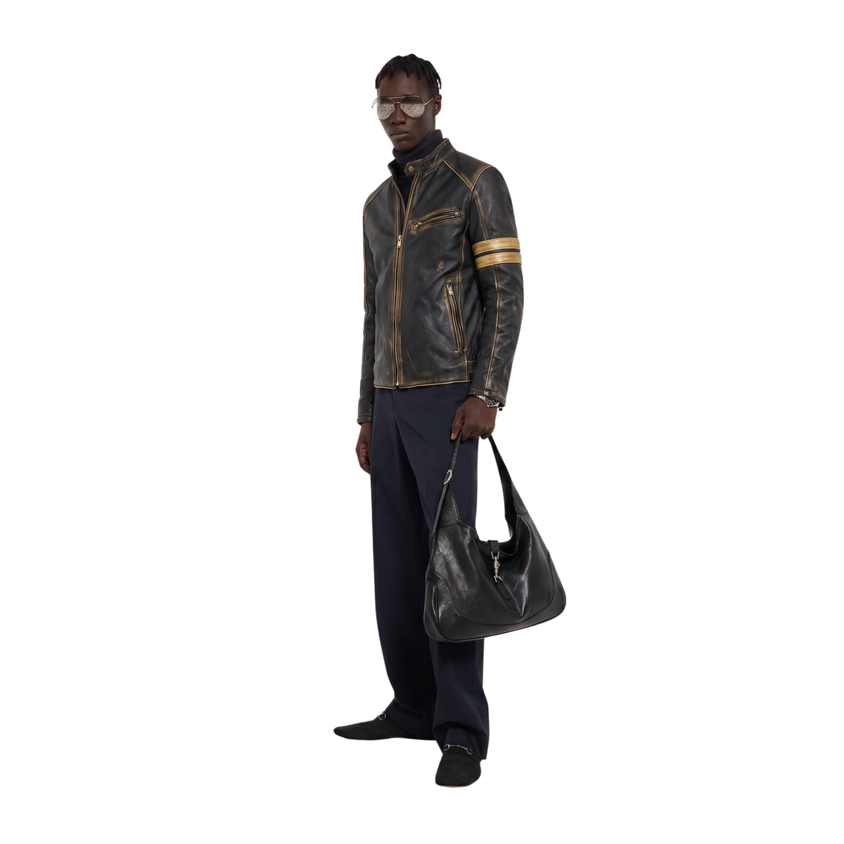 Blouson en cuir noir vieilli style "Café Racer" vintage pour homme
