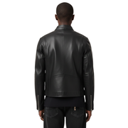 Men's black leather biker jacket with back seam detail and sleeve zippers