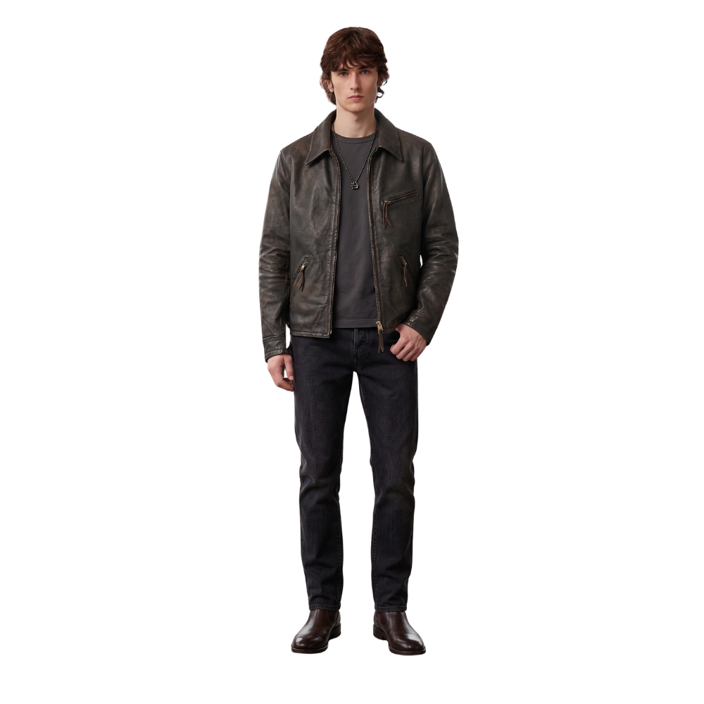Blouson en cuir vieilli de style rancher pour homme