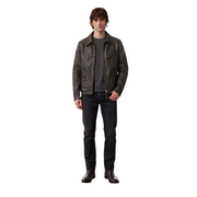 Men's dark brown leather jacket with zipper pockets, paired with black jeans and boots