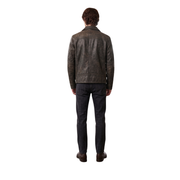 Men's brown leather jacket back view with dark jeans and boots