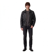 Men's black leather jacket with zipper details, styled with dark jeans and boots for a casual look