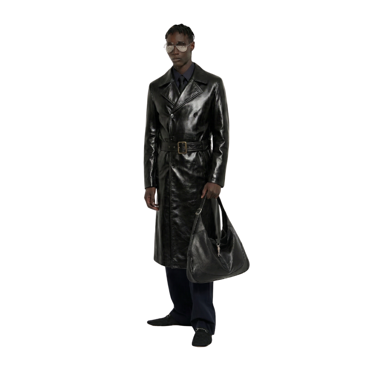 Trench-coat en cuir glacé Obsidian Matrix pour homme