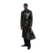 Man in sleek black leather trench coat with belt, holding matching bag, stylish urban look