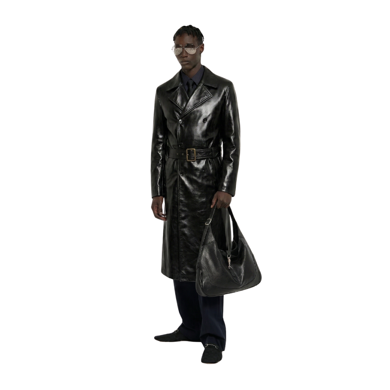 Trench-coat en cuir glacé Obsidian Matrix pour homme