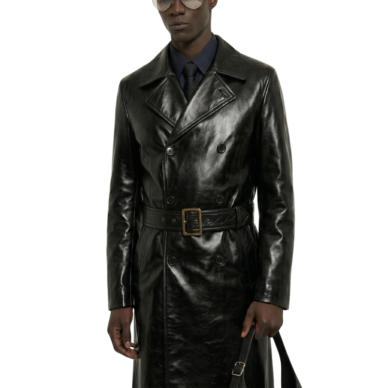 Trench-coat en cuir glacé Obsidian Matrix pour homme