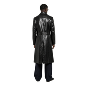 Men's black leather trench coat with belt, back view, stylish outerwear for modern fashion