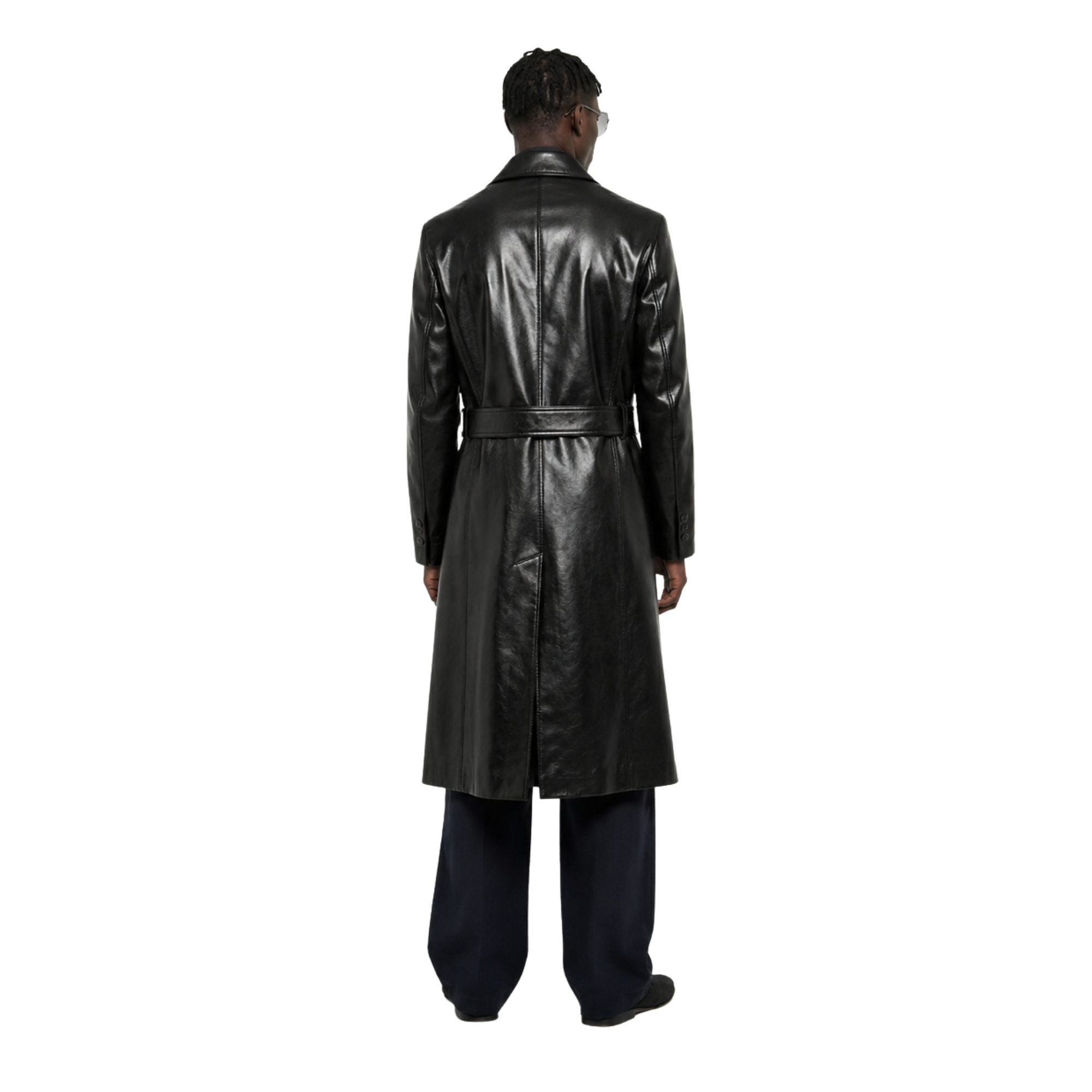 Men's black leather trench coat with belt, back view, stylish outerwear for modern fashion