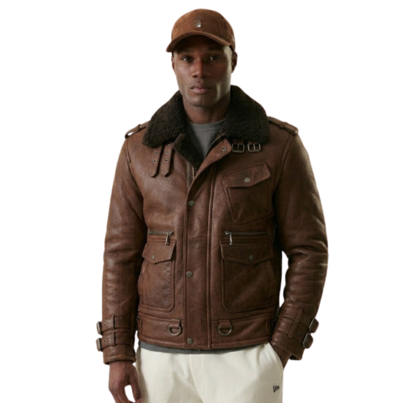 Blouson aviateur en cuir Shearling premium Recon pour homme