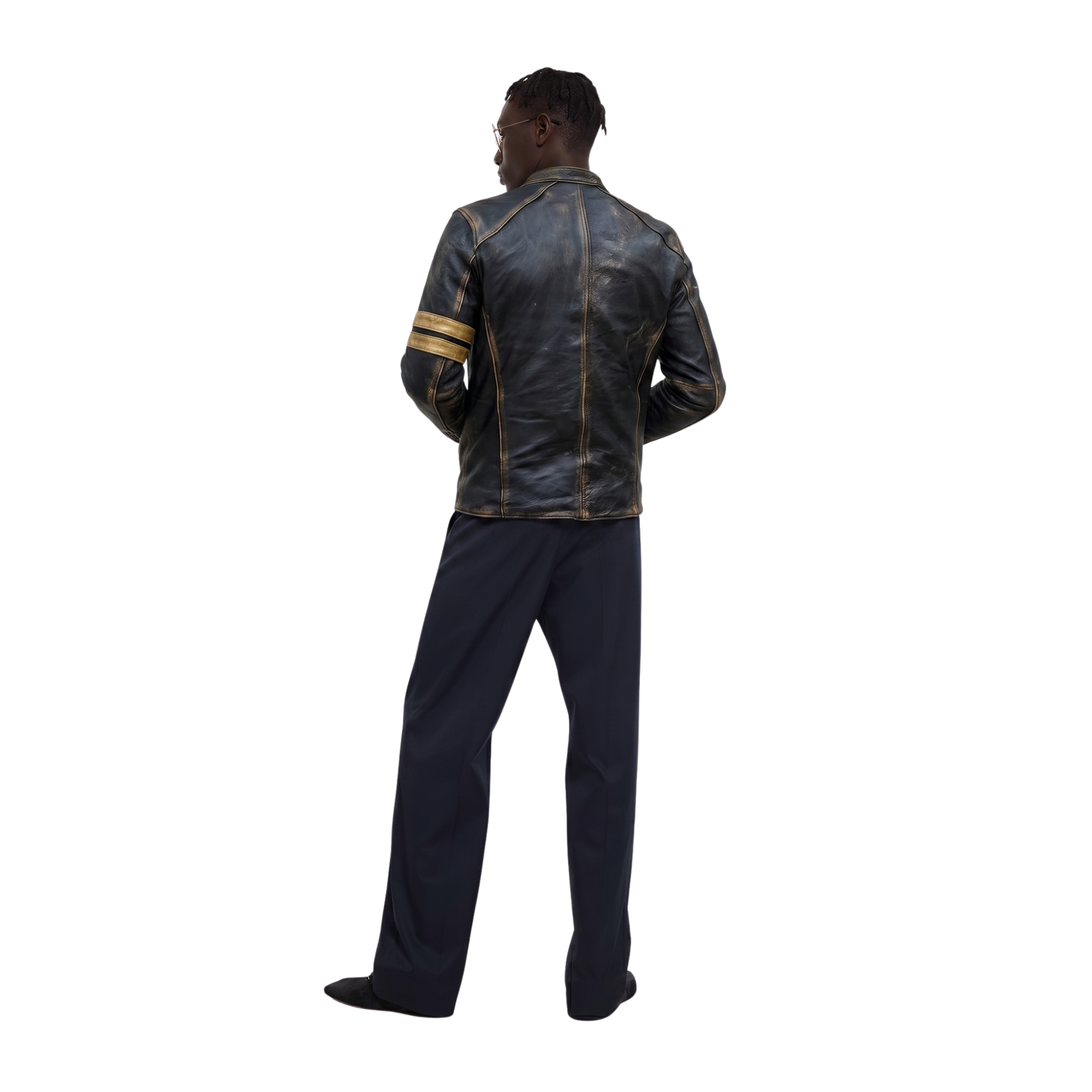 Men's distressed black leather jacket with gold stripe sleeves, back view