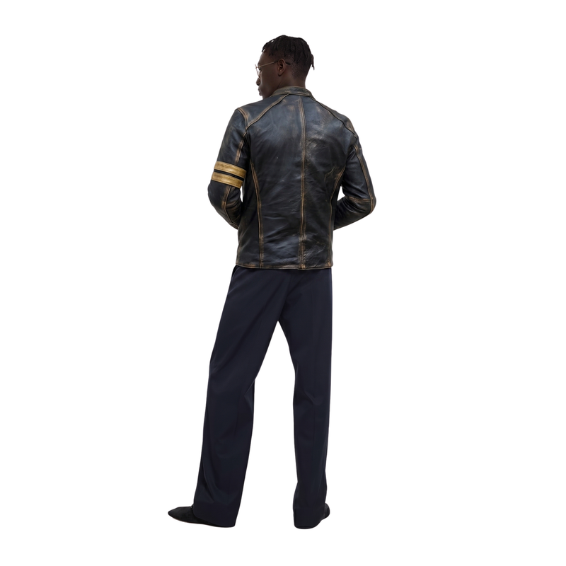 Blouson en cuir noir vieilli style "Café Racer" vintage pour homme