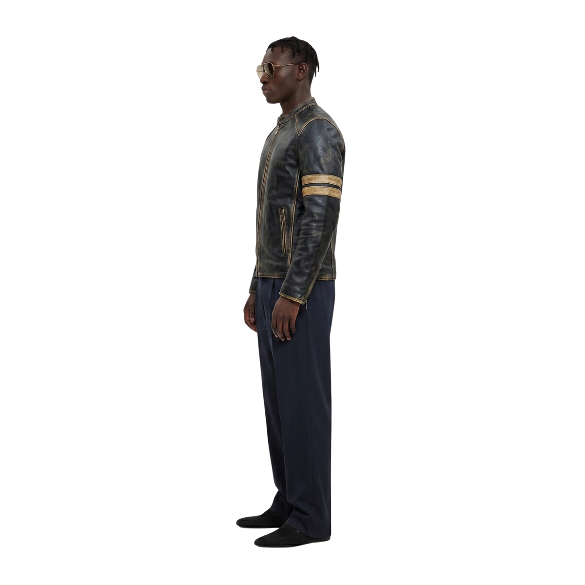Blouson en cuir noir vieilli style "Café Racer" vintage pour homme