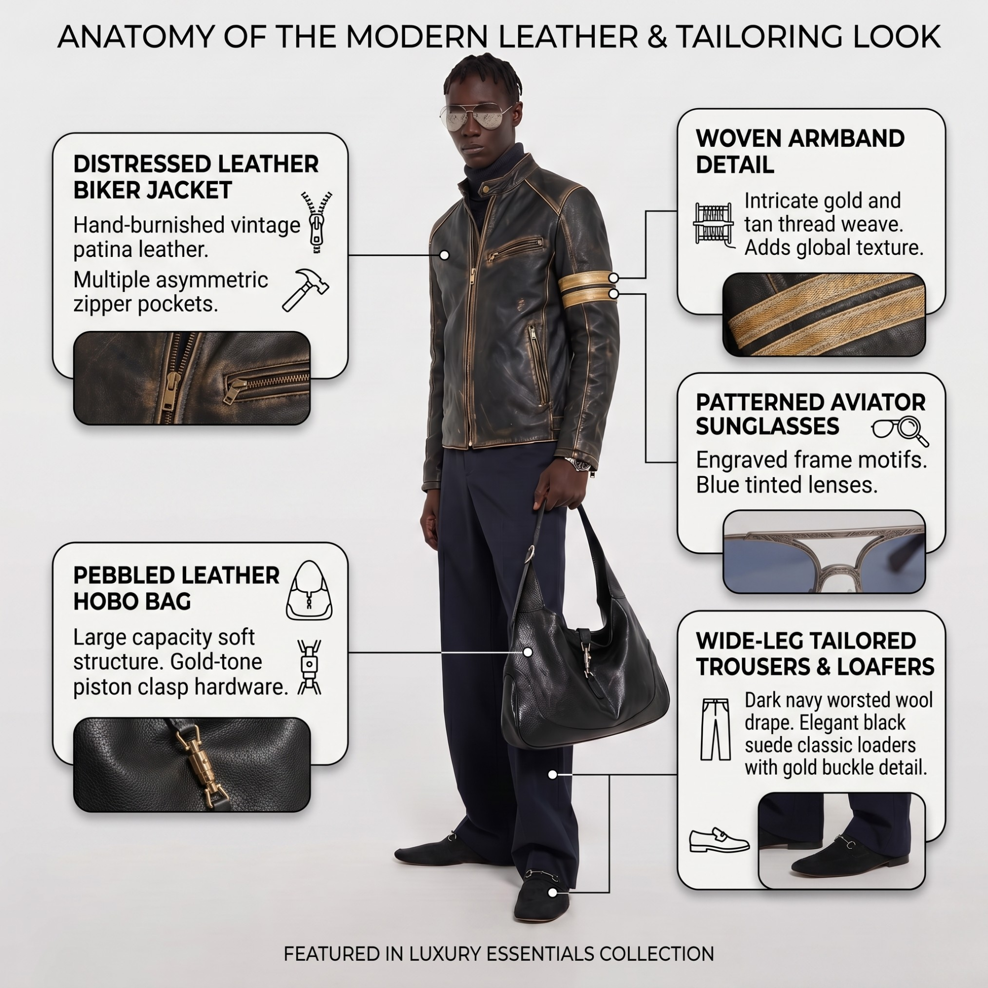 Men's distressed leather biker jacket with woven armband, pebbled hobo bag, aviator sunglasses, tailored trousers & loafers