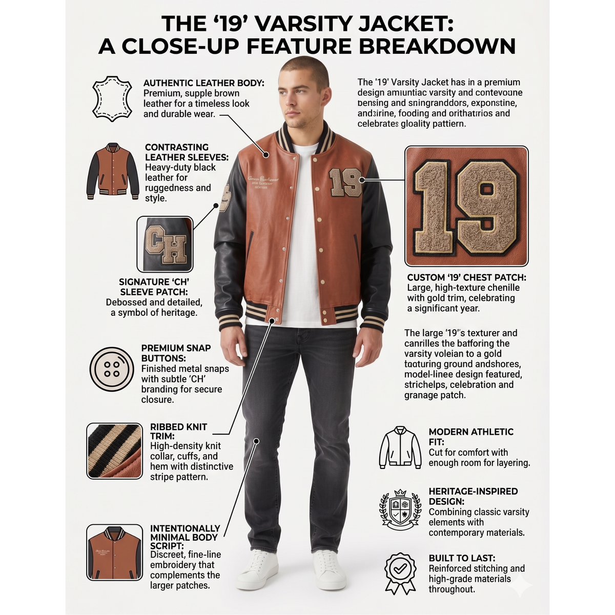 Varsity jacket feature breakdown with a model wearing the jacket.