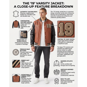 Men's '19' varsity jacket with brown leather body, black sleeves, and custom chest patch, featuring snap buttons and ribbed trim.