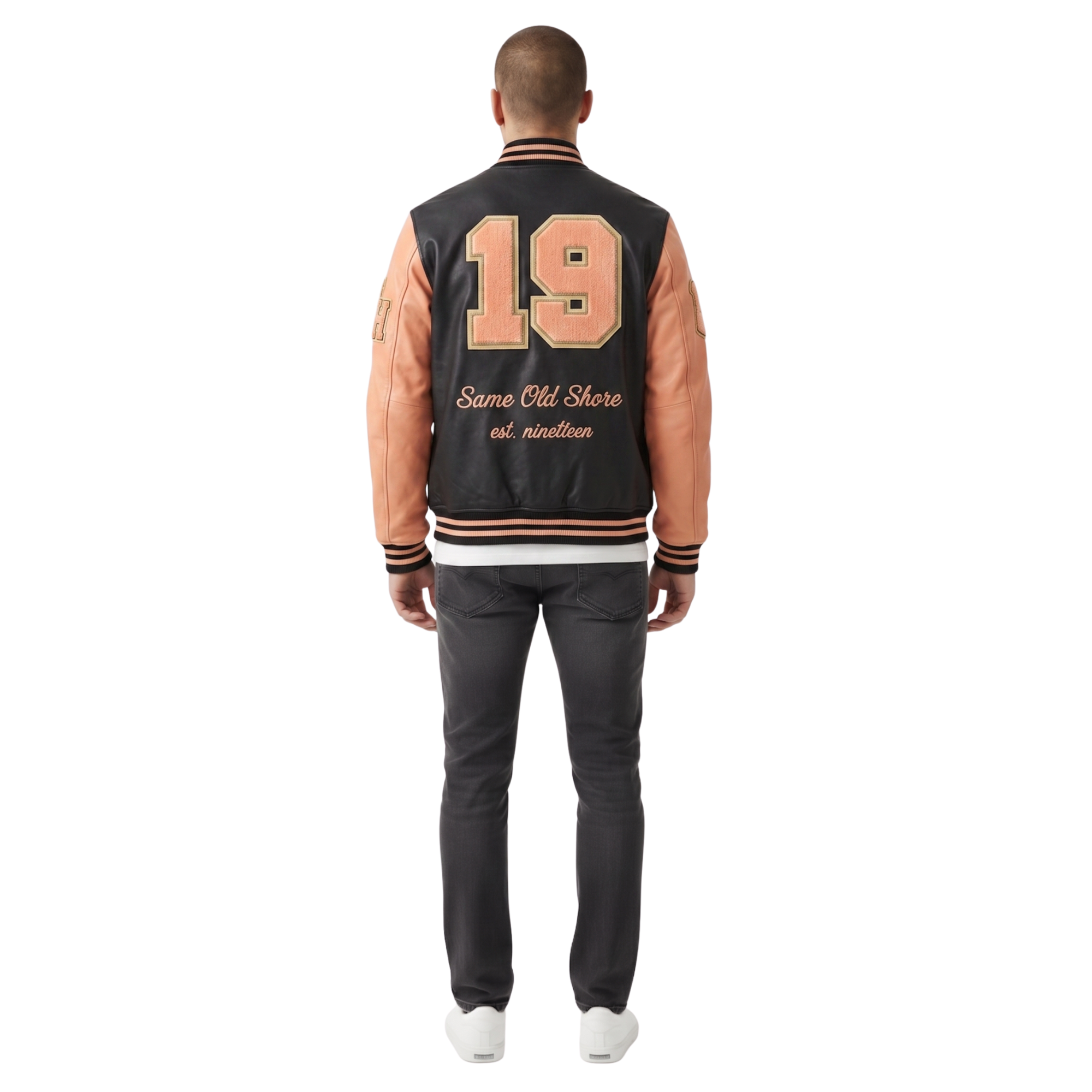 Men's varsity jacket with '19 Same Old Shore' back print, black body, peach sleeves, striped cuffs