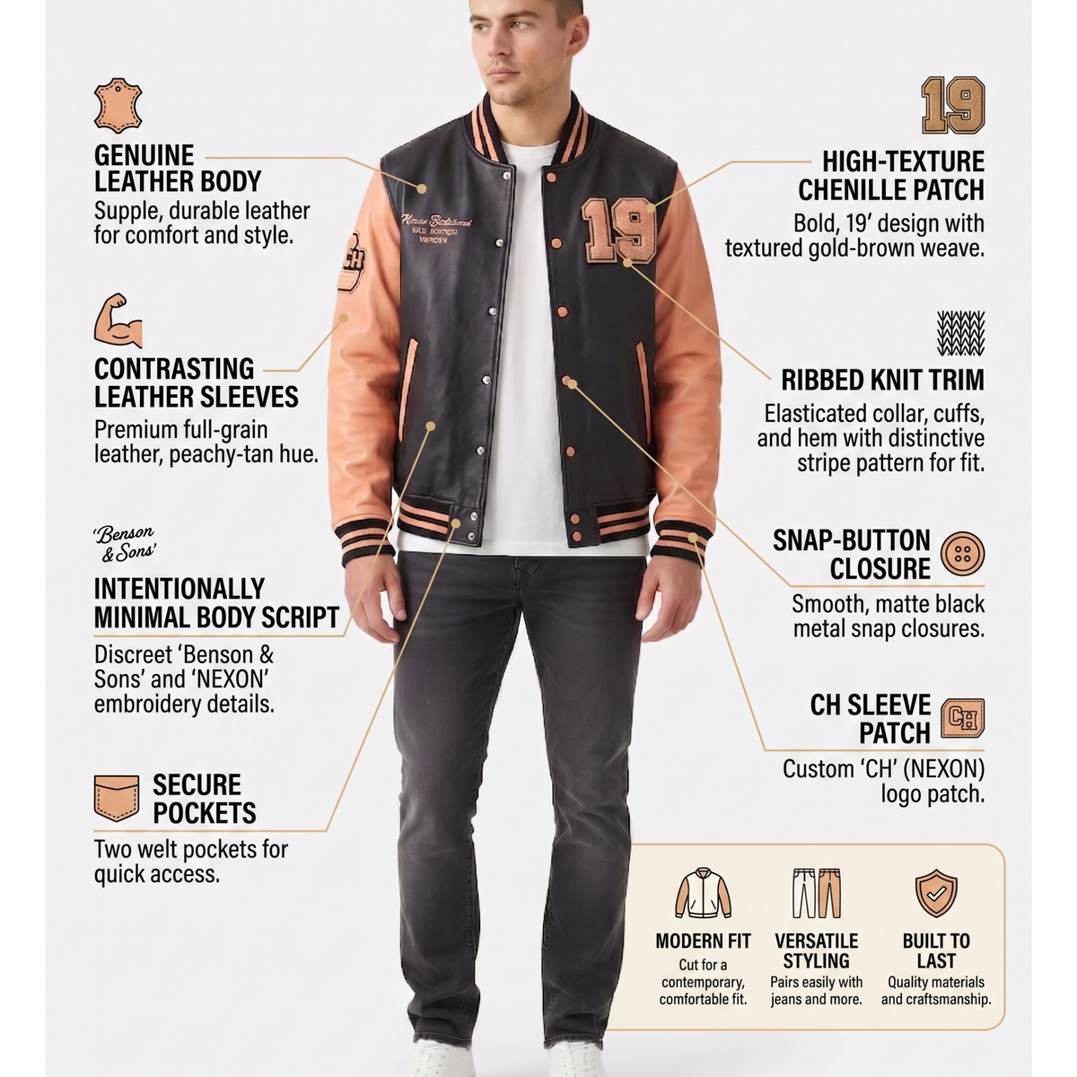 Man wearing a black and brown varsity jacket with feature text on a white background