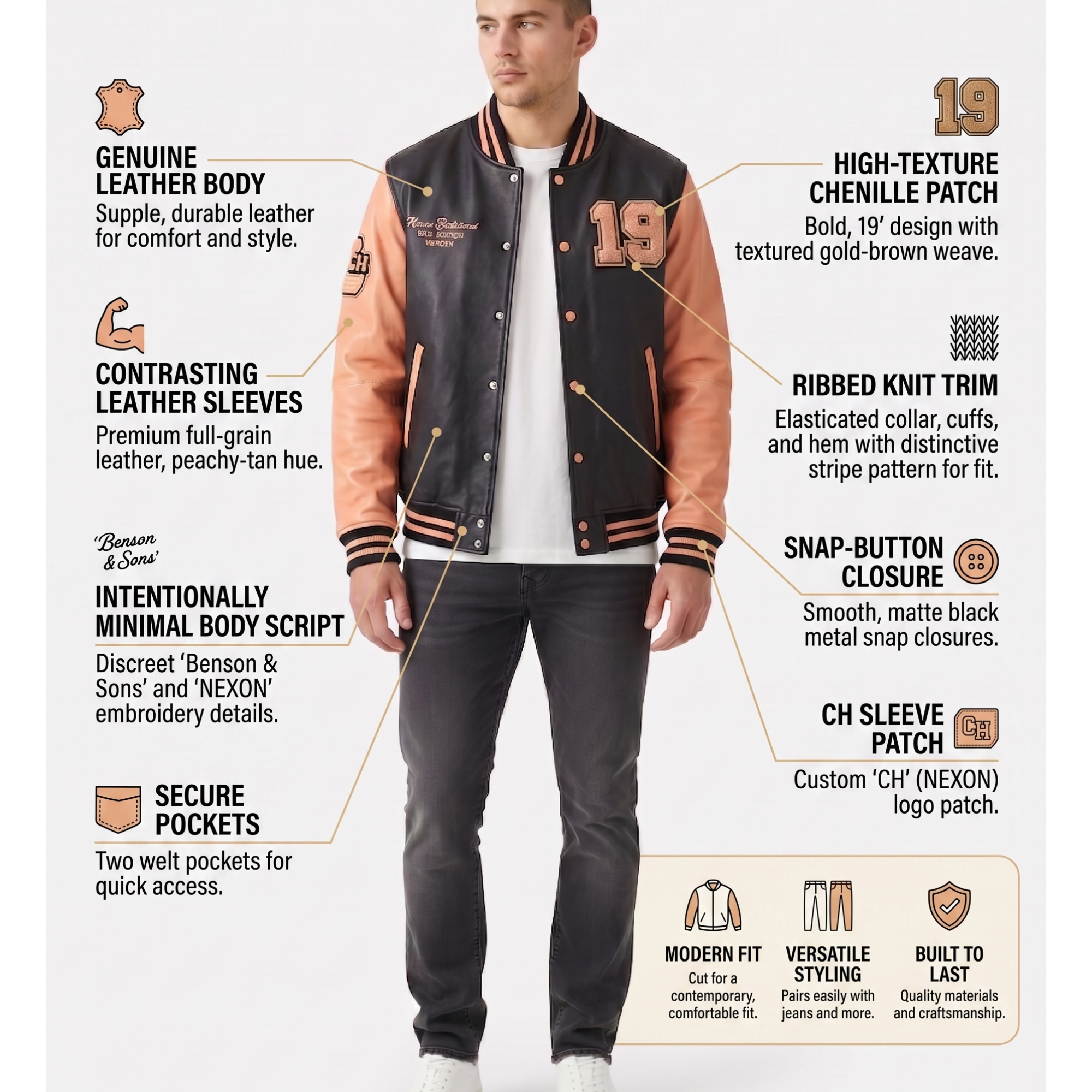 Men's varsity jacket with genuine leather body, contrasting sleeves, snap-button closure, and '19' chenille patch.