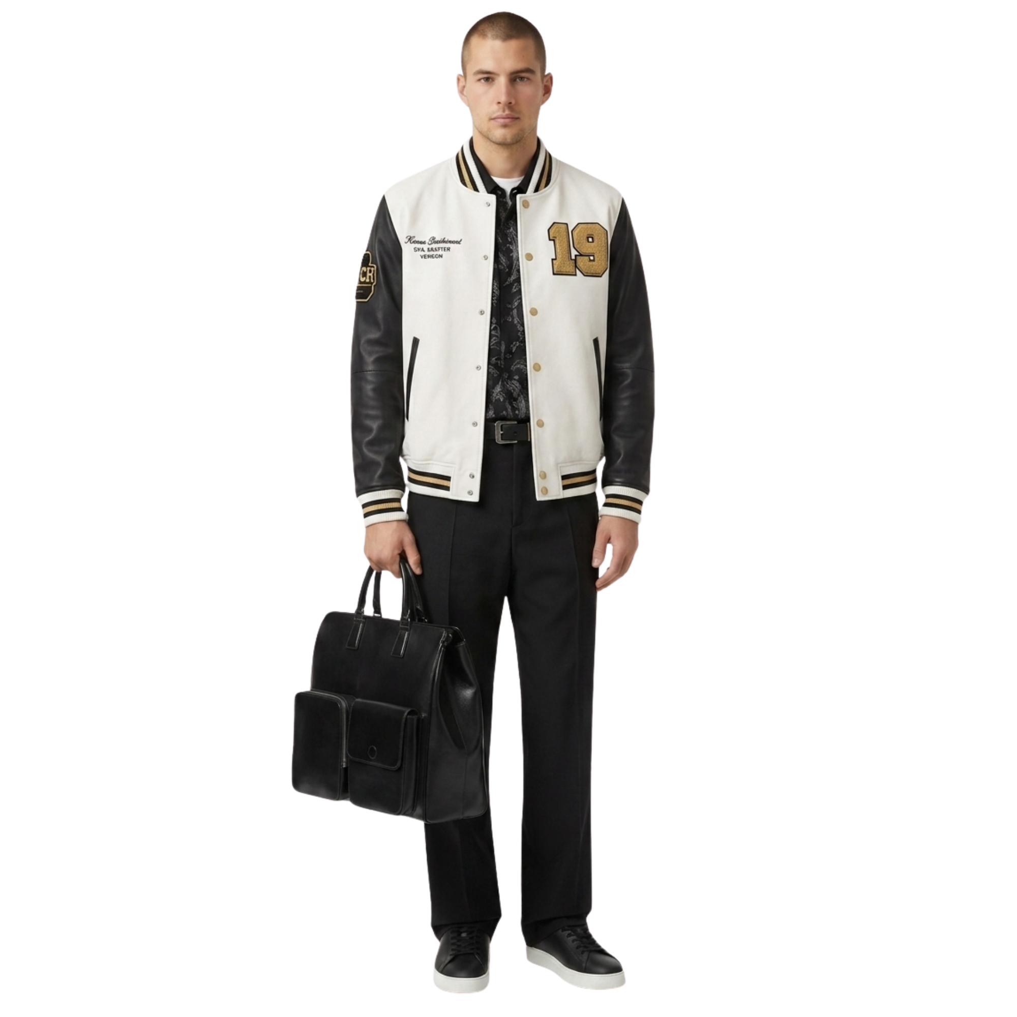 Men's varsity jacket with leather sleeves, gold number 19, and black pants, holding a sleek black briefcase