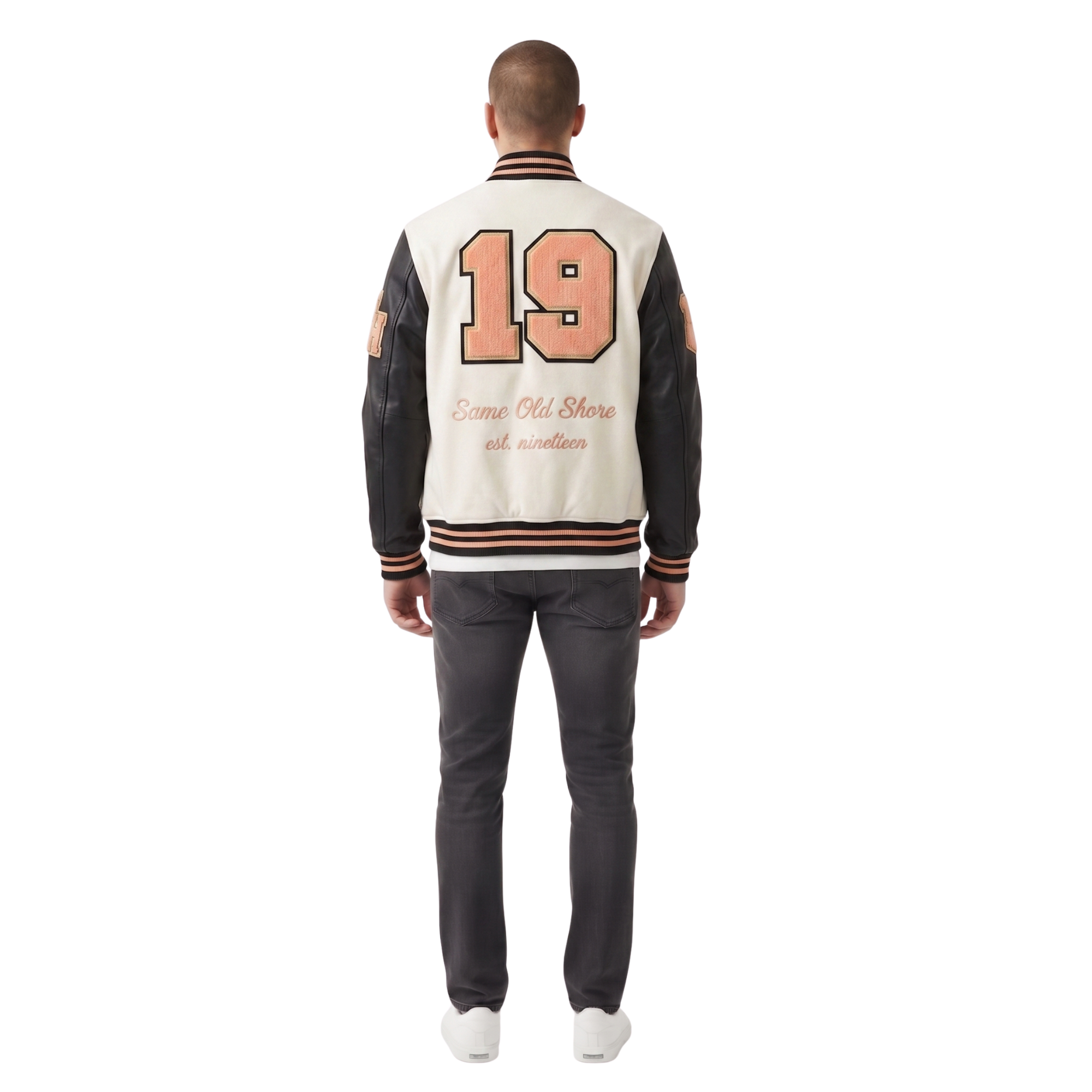 Men's varsity jacket with '19' and 'Same Old Shore' back print, leather sleeves, cream body, striped trim