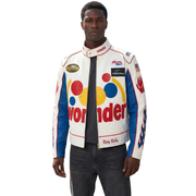 Man wearing white and blue racing jacket with Wonder Bread logo, flame designs, and NASCAR patches