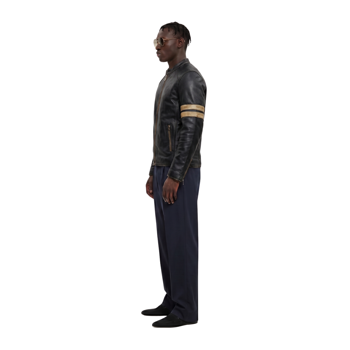 Blouson en cuir noir vieilli style "Café Racer" vintage pour homme