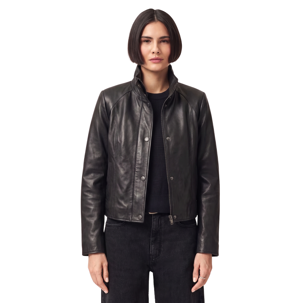 Blouson en cuir de motard noir pour femme | Manteau de moto Stella à col montant