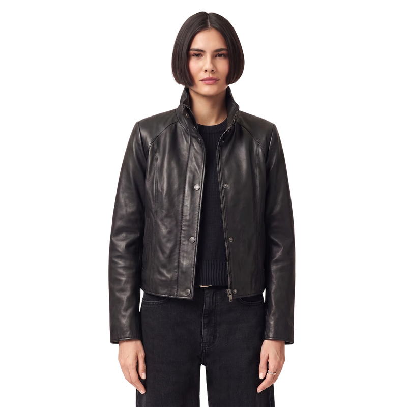 Blouson en cuir de motard noir pour femme | Manteau de moto Stella à col montant
