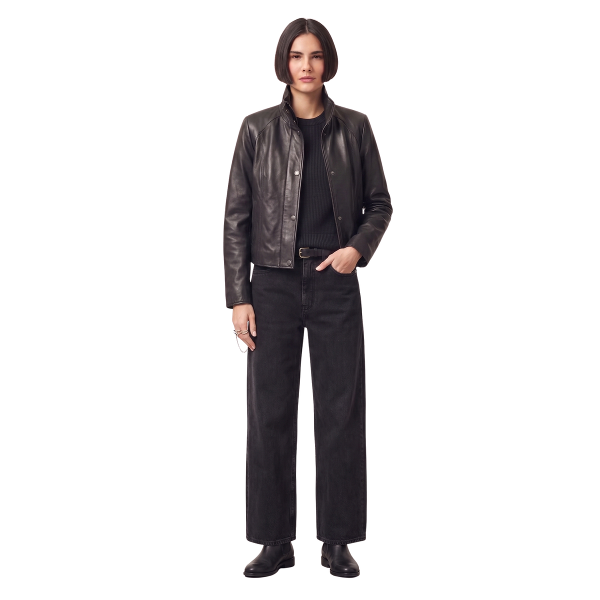 Blouson en cuir de motard noir pour femme | Manteau de moto Stella à col montant