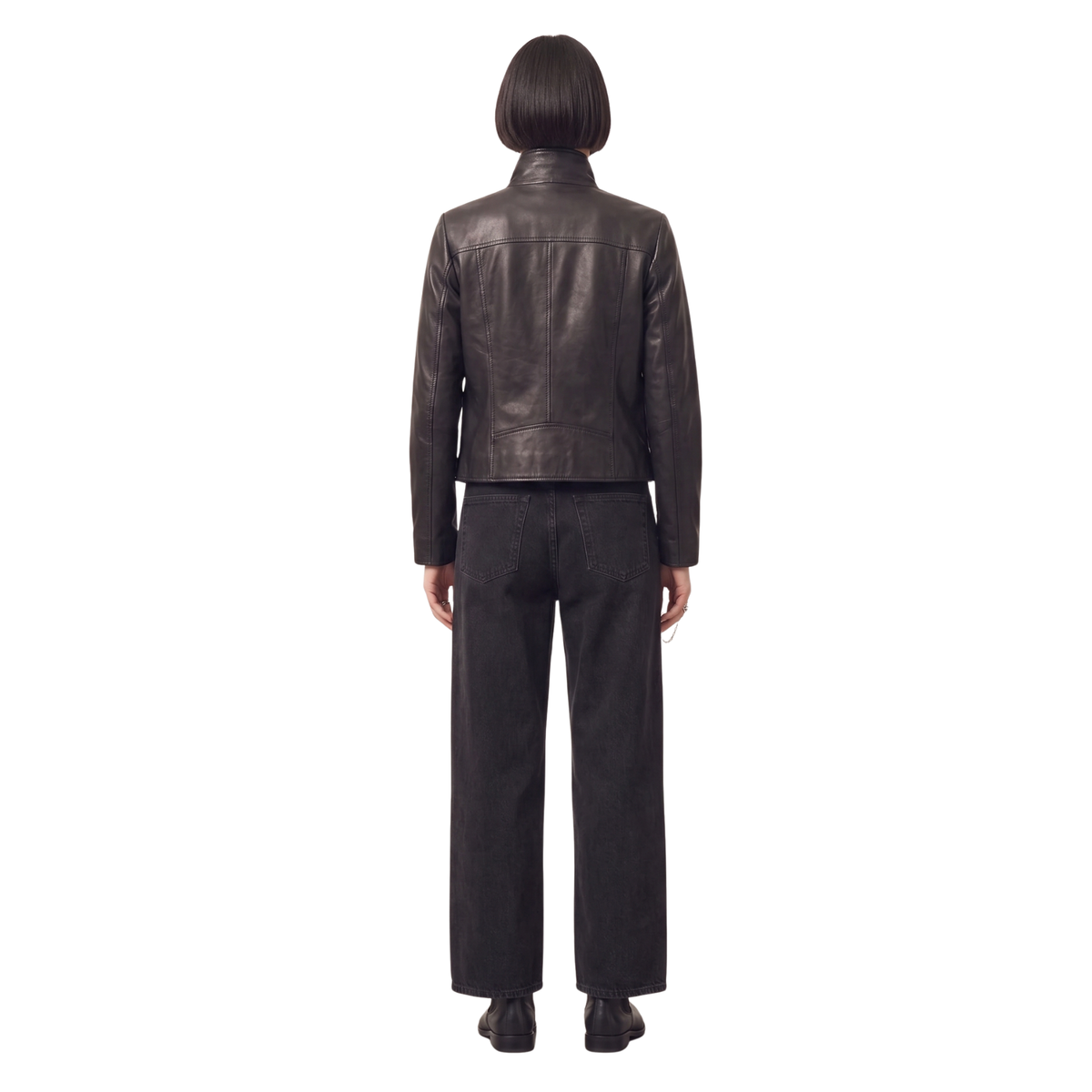 Blouson en cuir de motard noir pour femme | Manteau de moto Stella à col montant