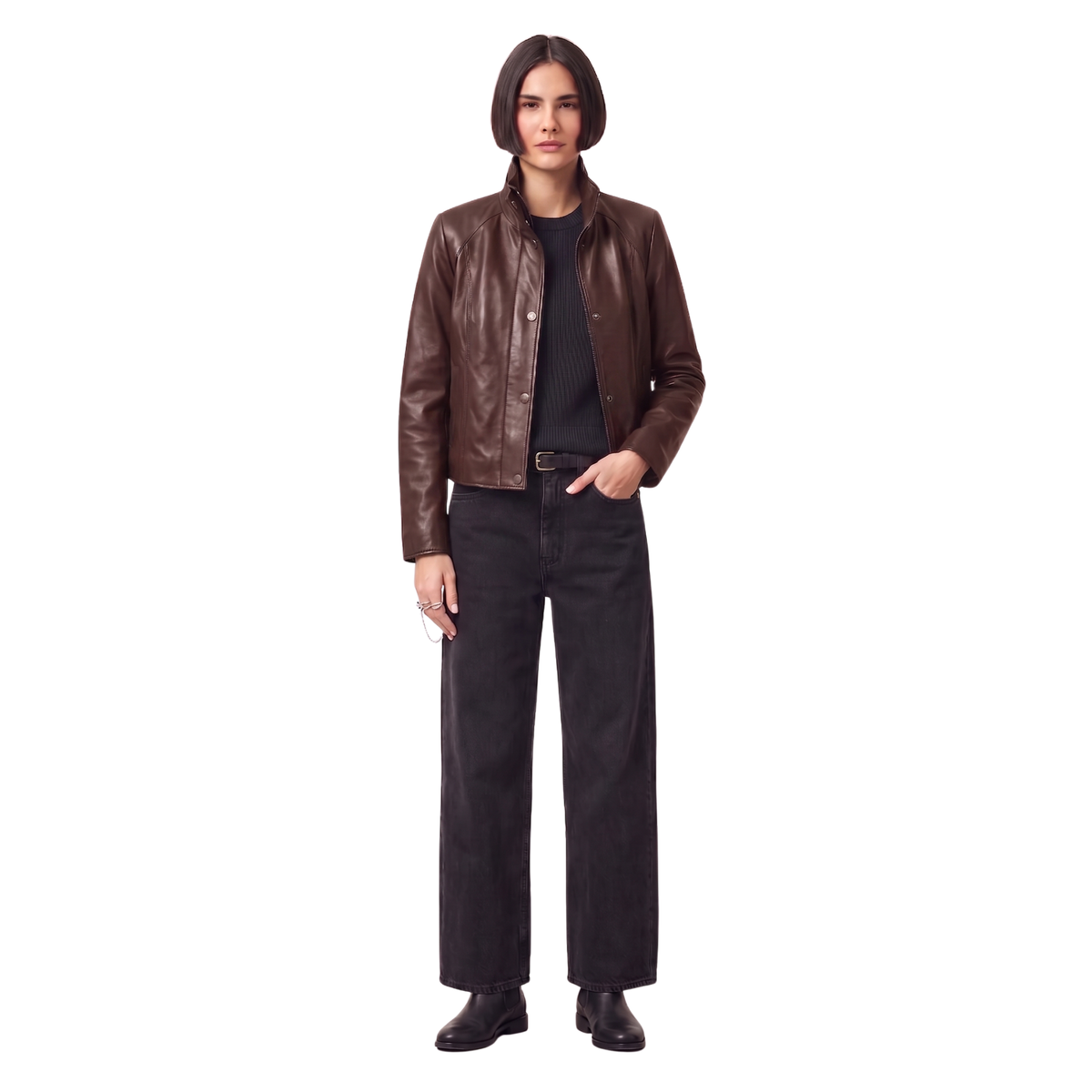 Blouson en cuir de motard noir pour femme | Manteau de moto Stella à col montant