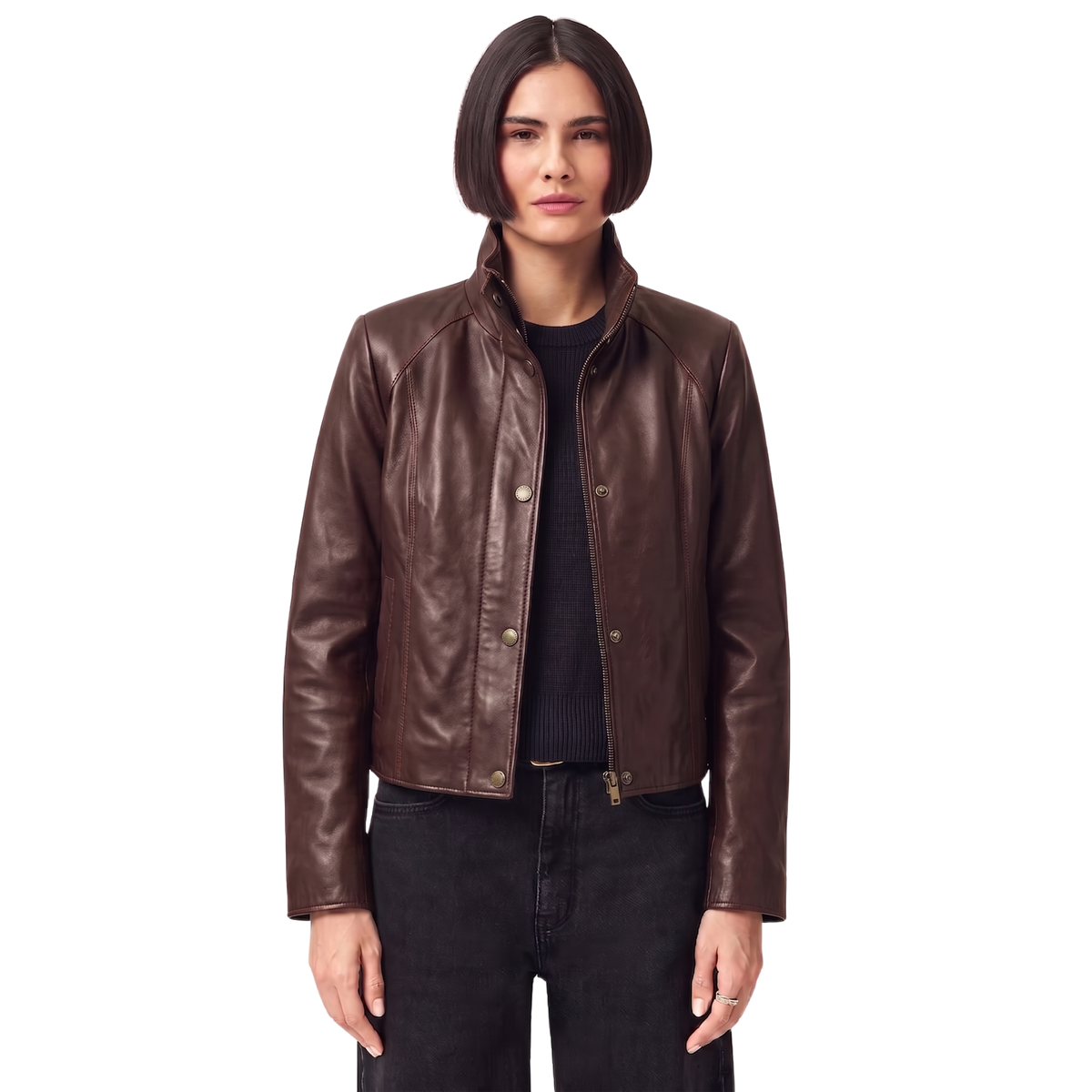 Blouson en cuir de motard noir pour femme | Manteau de moto Stella à col montant