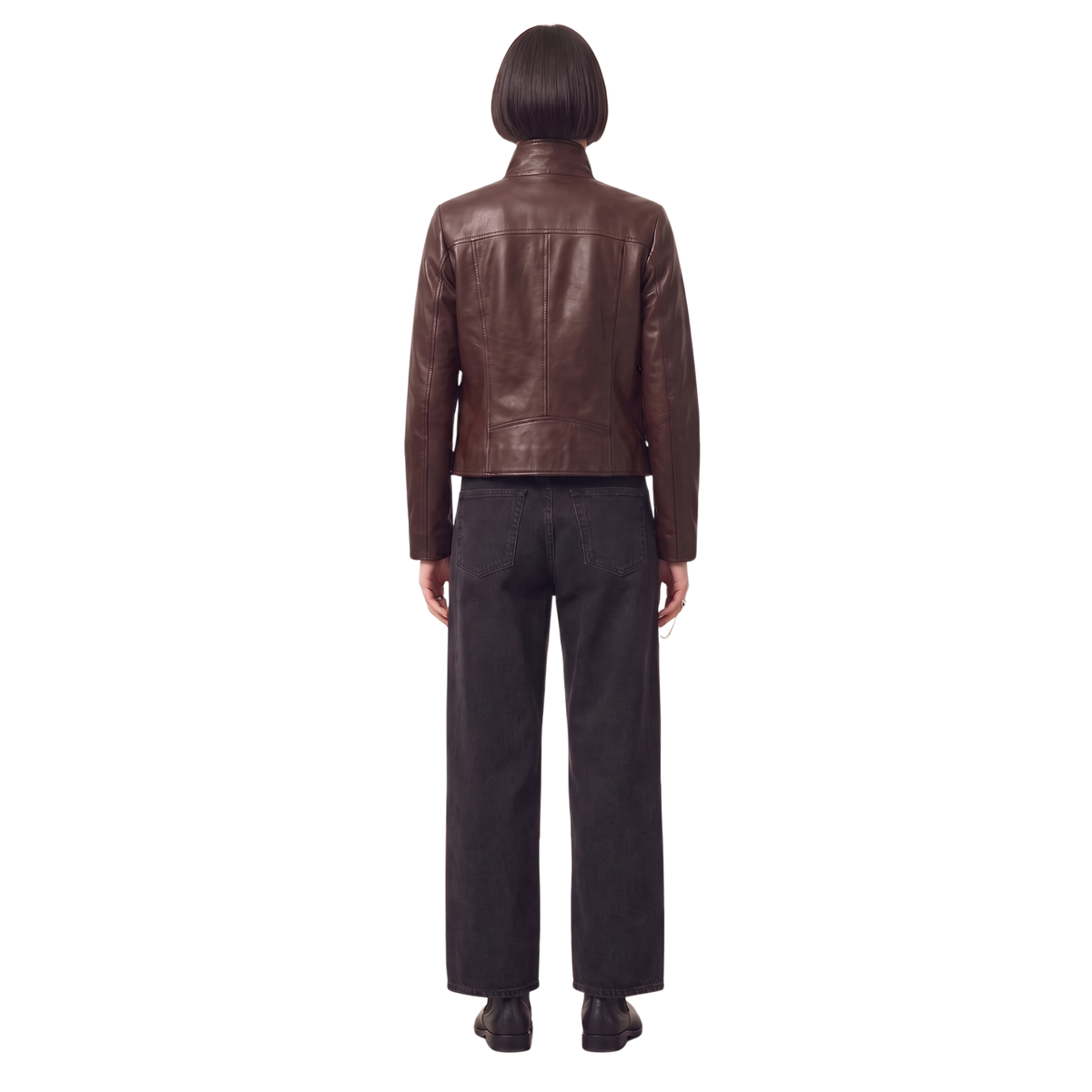 Blouson en cuir de motard noir pour femme | Manteau de moto Stella à col montant