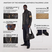 Modern leather biker jacket with distressed finish, aviator sunglasses, pebbled hobo bag, and tailored navy trousers