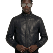 Men's black leather bomber jacket with zipper and ribbed cuffs