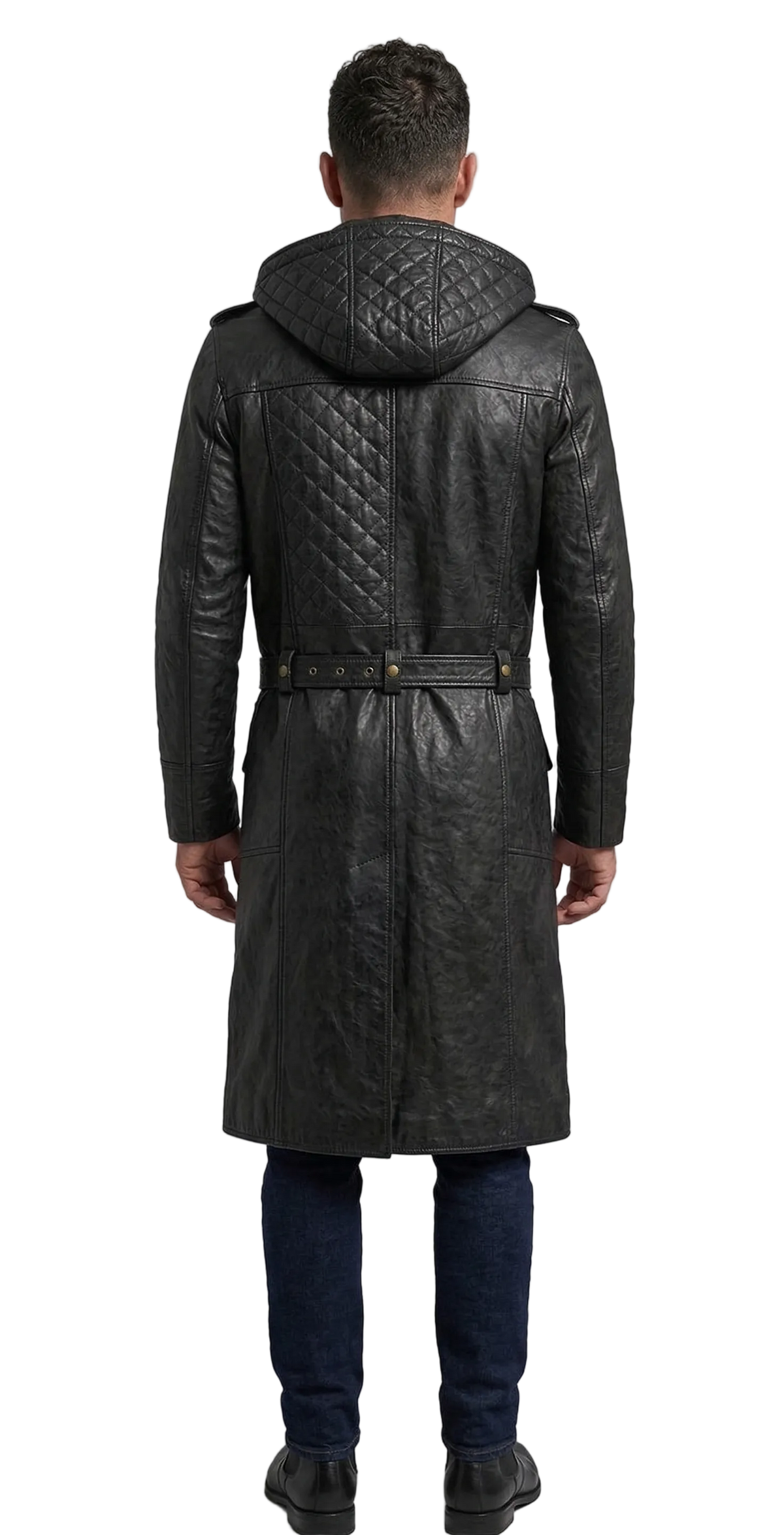 Rear perspective of the long-line Assassin's Creed Syndicate leather coat highlighting the structured center vent paneling and heavy-duty double-reinforced stitching.