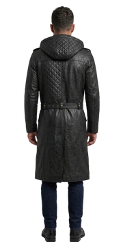 Men's black quilted leather trench coat with hood and belt, back view