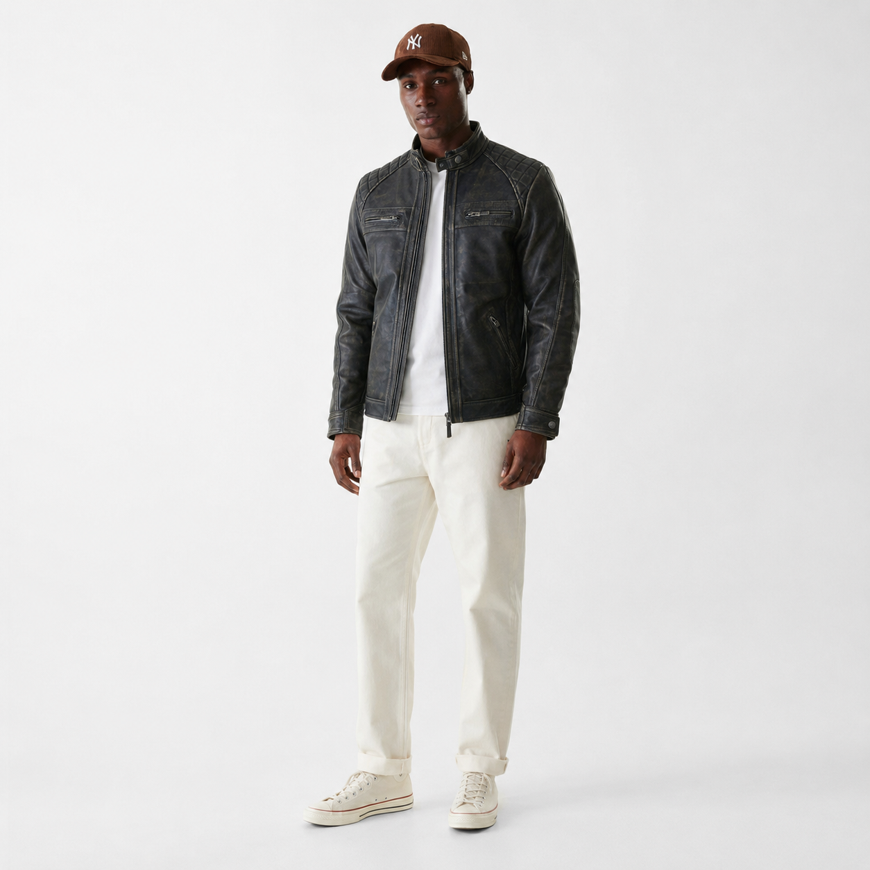 Men's Distressed Black Leather Jacket | Vintage Cafe Racer