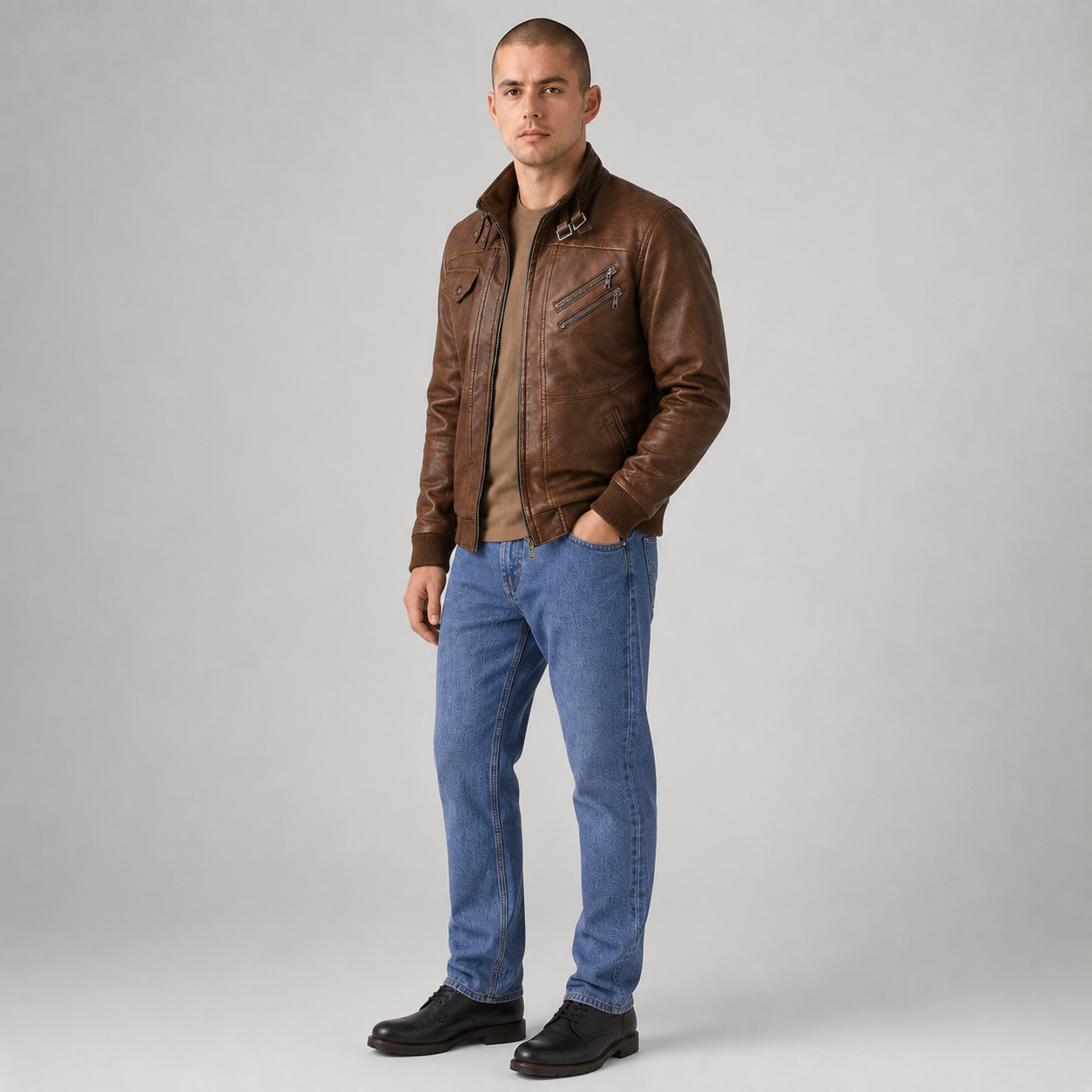 Men's Military Leather Jacket with Removable Hood | 2-in-1 Bomber