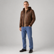 Men's Military Leather Jacket with Removable Hood | 2-in-1 Bomber