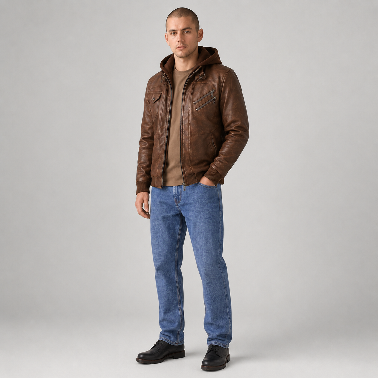Men's Military Leather Jacket with Removable Hood | 2-in-1 Bomber