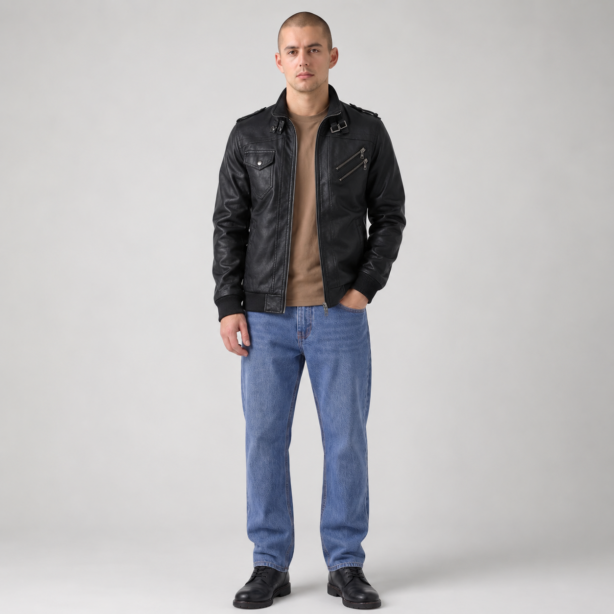 Men's Military Leather Jacket with Removable Hood | 2-in-1 Bomber