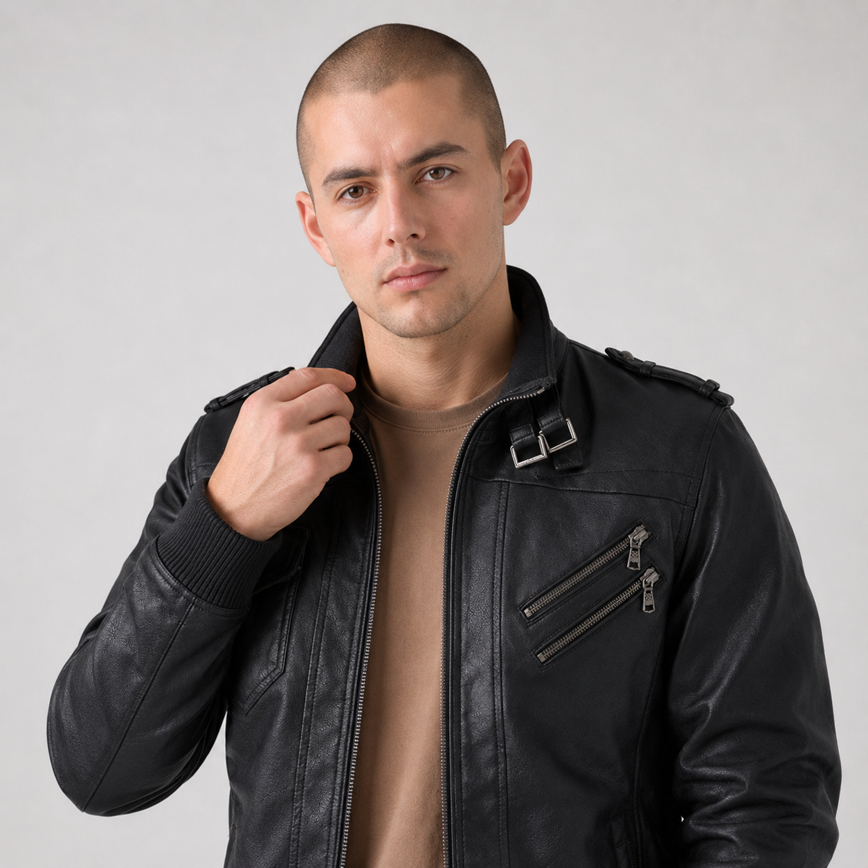 Men's Military Leather Jacket with Removable Hood | 2-in-1 Bomber
