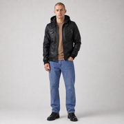 Men's Military Leather Jacket with Removable Hood | 2-in-1 Bomber